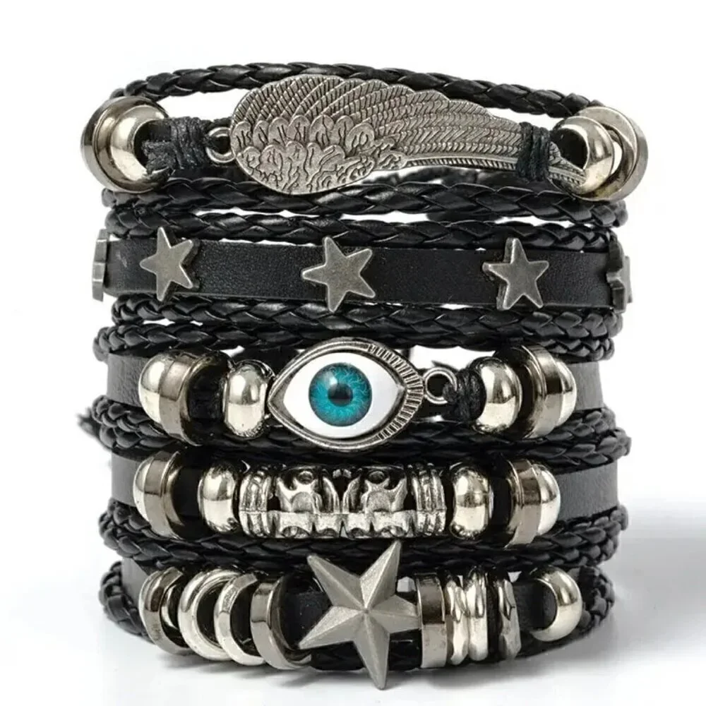 NWT Set Of 5 Black Leather Adjustable Braided Woven Bracelets Chrome Charms